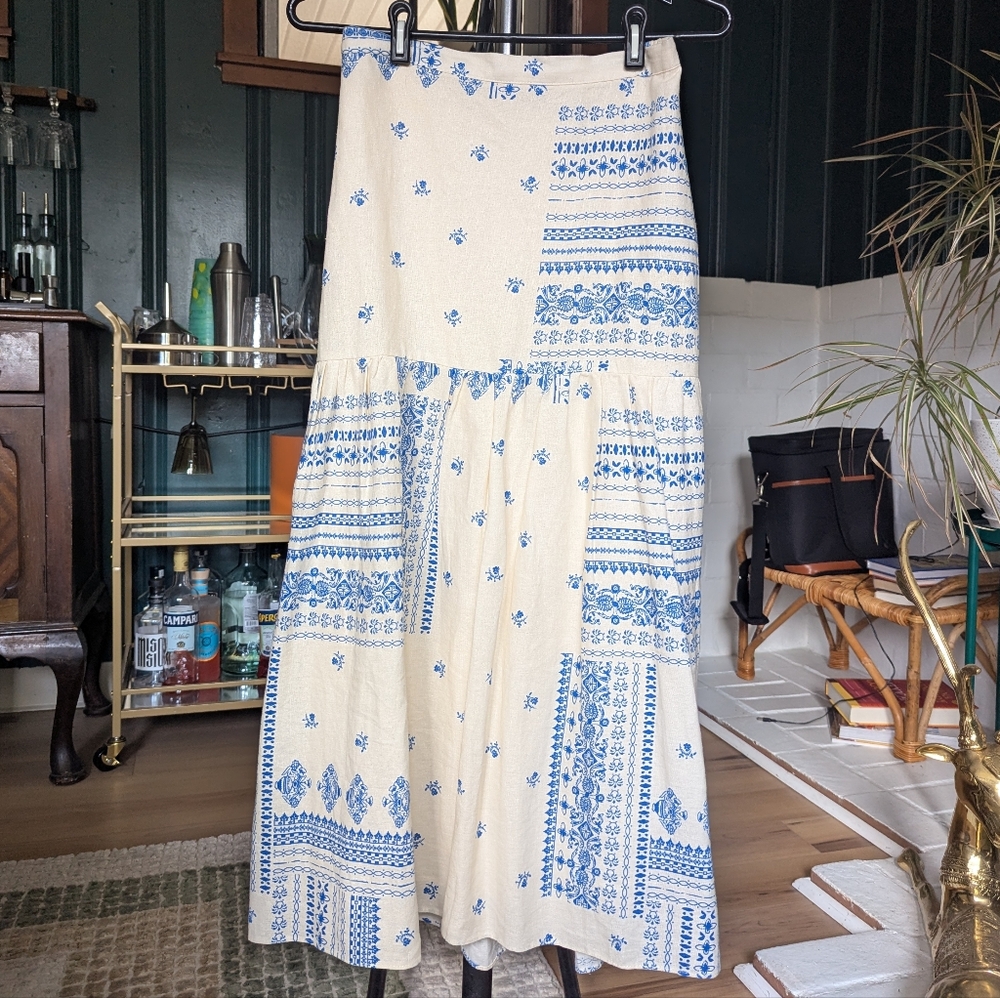 Anthropologie Maison D'Amélie Cream + Blue Linen Patchwork Maxi Skirt - Sz S